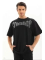 Unisex Oversize Taşlı T-Shirt - Siyah