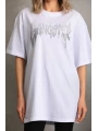 Unisex Taş Desenli Oversize T-Shirt - Beyaz