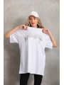 Unisex Taş Desenli Oversize T-Shirt - Beyaz