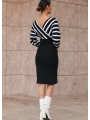 Uzun Kollu Kruvaze Yaka çizgi Desenli Kısa Triko Elbise