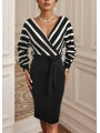 Uzun Kollu Kruvaze Yaka çizgi Desenli Kısa Triko Elbise