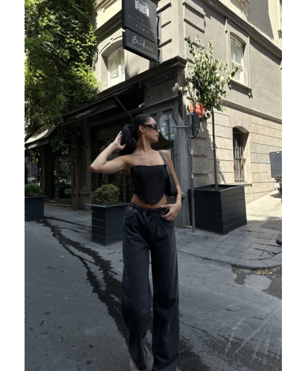 Arkadan Yırtmaçlı Jeans Kot Palazzo Pantolon - Siyah