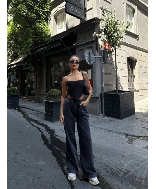 Arkadan Yırtmaçlı Jeans Kot Palazzo Pantolon - Siyah