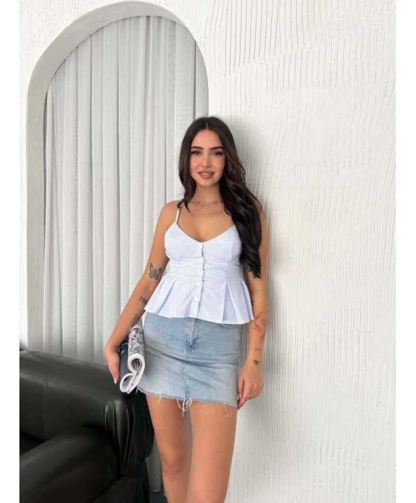 Askılı Dekolte Deraylı Crop - Açık Mavi