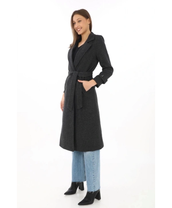 Astarlı Balık Sırtı Kaşmir Kaşe Kaban - Siyah