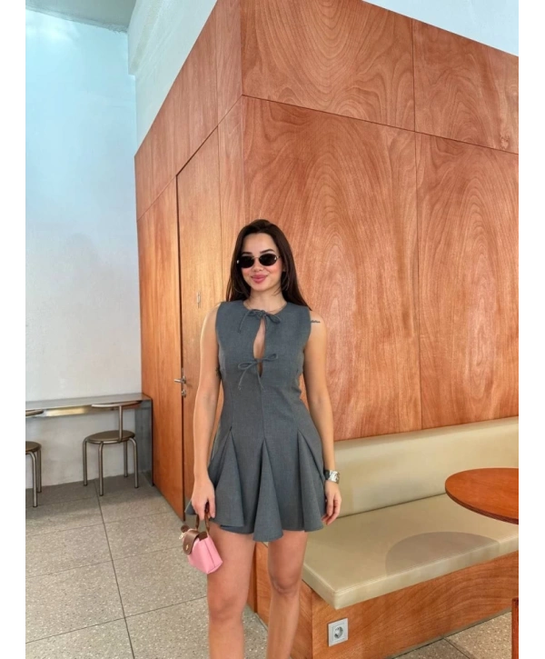 Bağcık Detaylı Kolsuz Mini Elbise - Antrasit
