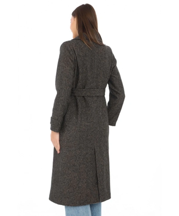 Balık Sırtı Kaşmir Uzun Kaşe Kaban - Kahverengi