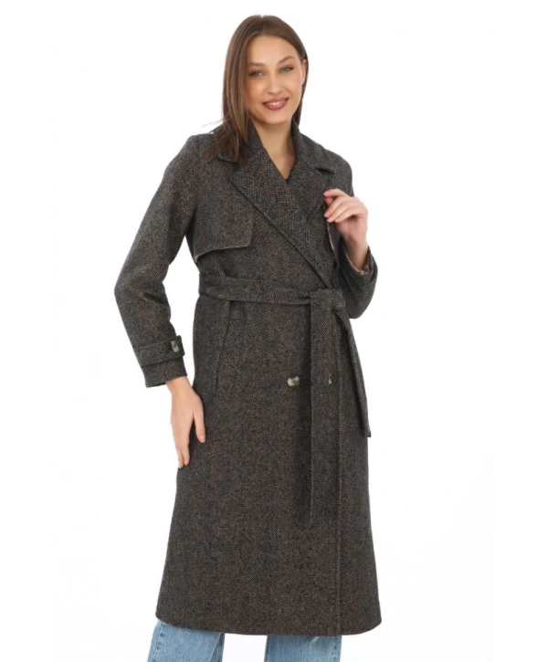 Balık Sırtı Kaşmir Uzun Kaşe Kaban - Kahverengi