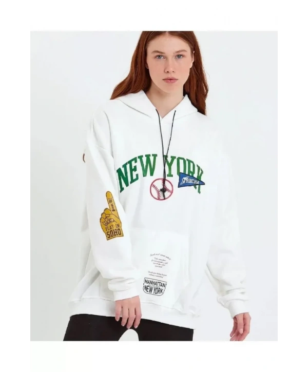 Baskılı Kapüşonlu Sweatshirt - Beyaz