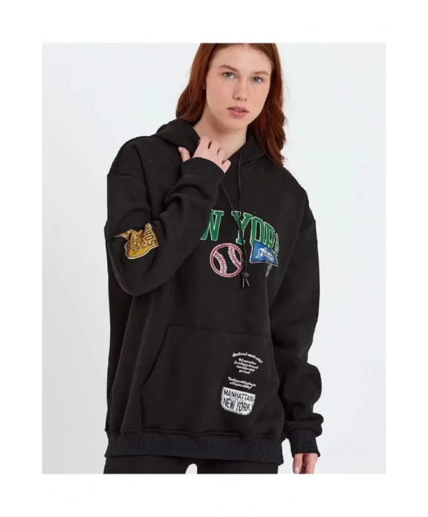 Baskılı Kapüşonlu Sweatshirt - Siyah
