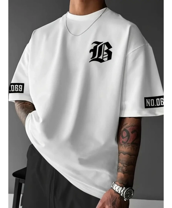 Baskılı Oversize Bisiklet Yaka T-shirt - Beyaz