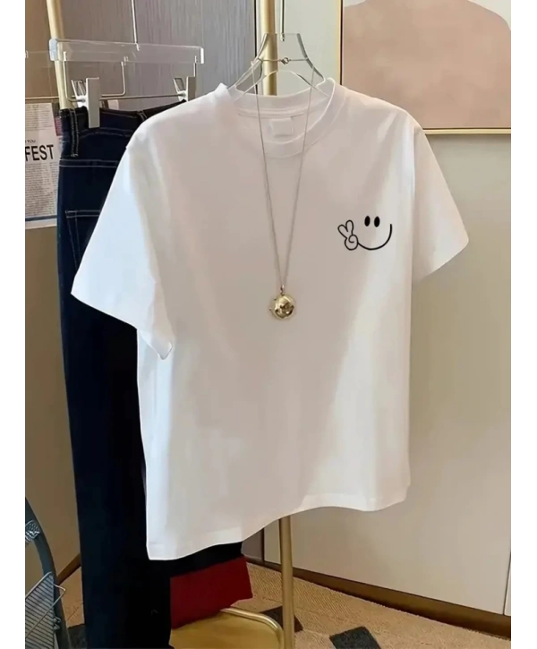 Baskılı Oversize Bisiklet Yaka T-shirt - Beyaz