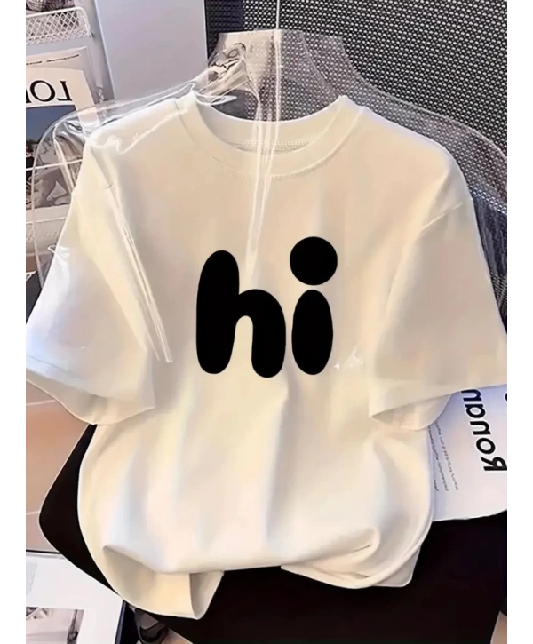 Baskılı Oversize Bisiklet Yaka T-shirt - Beyaz