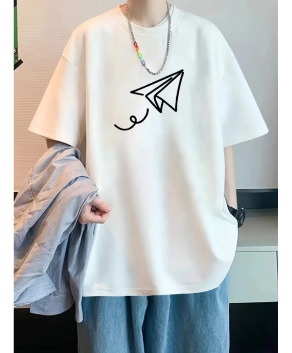 Baskılı Oversize Bisiklet Yaka T-shirt - Beyaz