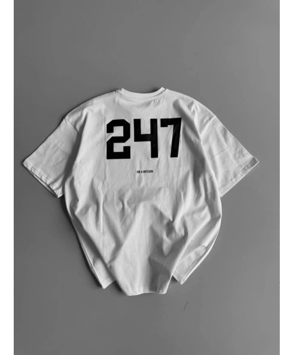 Baskılı Oversize Bisiklet Yaka T-shirt - Beyaz