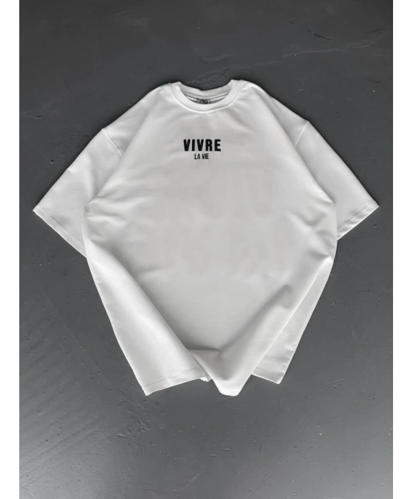 Baskılı Oversize Bisiklet Yaka T-shirt - Beyaz