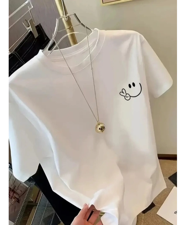 Baskılı Oversize Bisiklet Yaka T-shirt - Beyaz