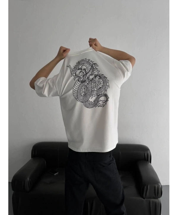 Baskılı Oversize Bisiklet Yaka T-shirt - Beyaz