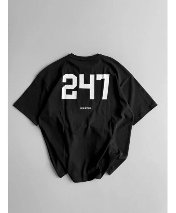 Baskılı Oversize Bisiklet Yaka T-shirt - Siyah