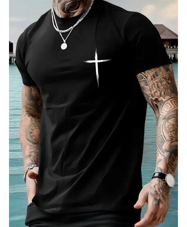 Baskılı Oversize Bisiklet Yaka T-shirt - Siyah