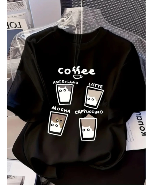 Baskılı Oversize Bisiklet Yaka T-shirt - Siyah