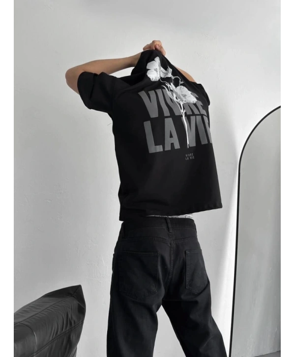 Baskılı Oversize Bisiklet Yaka T-shirt - Siyah