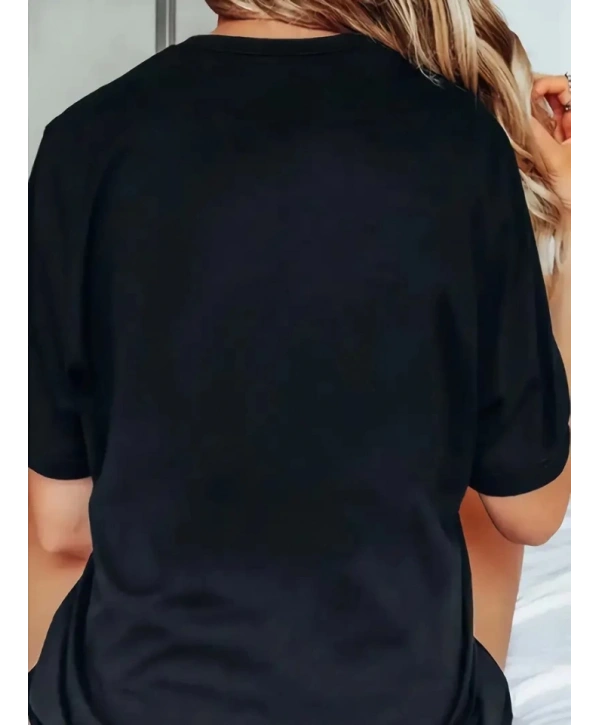 Baskılı Oversize Bisiklet Yaka T-shirt - Siyah