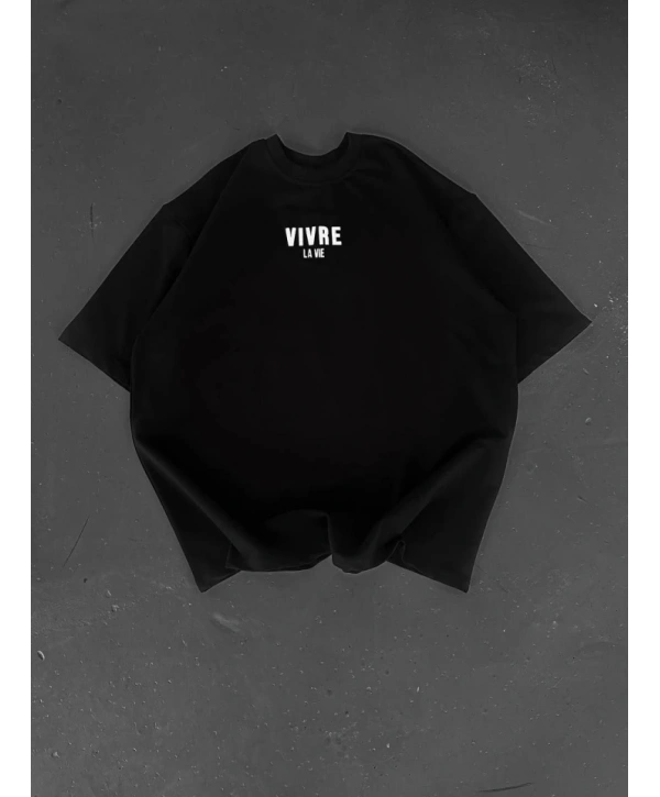 Baskılı Oversize Bisiklet Yaka T-shirt - Siyah