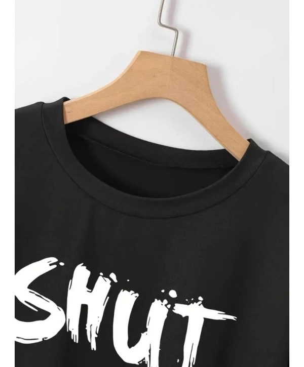 Baskılı Oversize Bisiklet Yaka T-shirt - Siyah