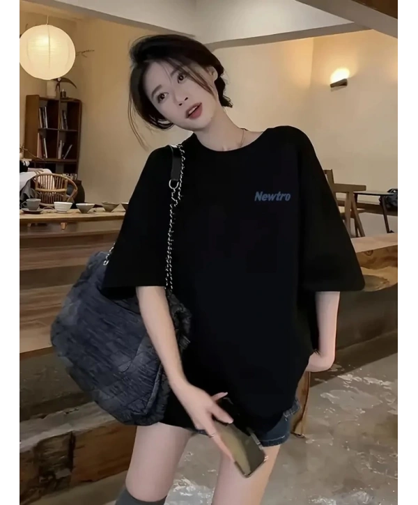 Baskılı Oversize Bisiklet Yaka T-shirt - Siyah