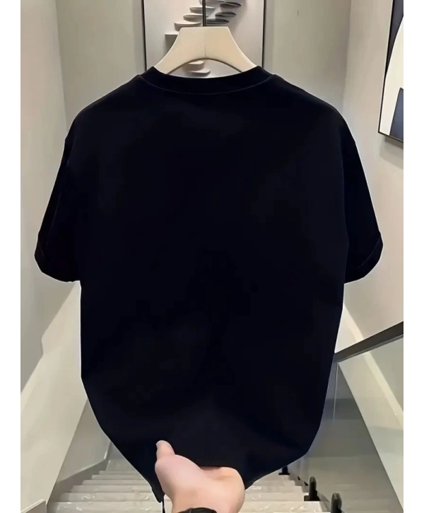 Baskılı Oversize Bisiklet Yaka T-shirt - Siyah