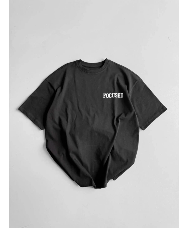 Baskılı Oversize Bisiklet Yaka T-shirt - Siyah