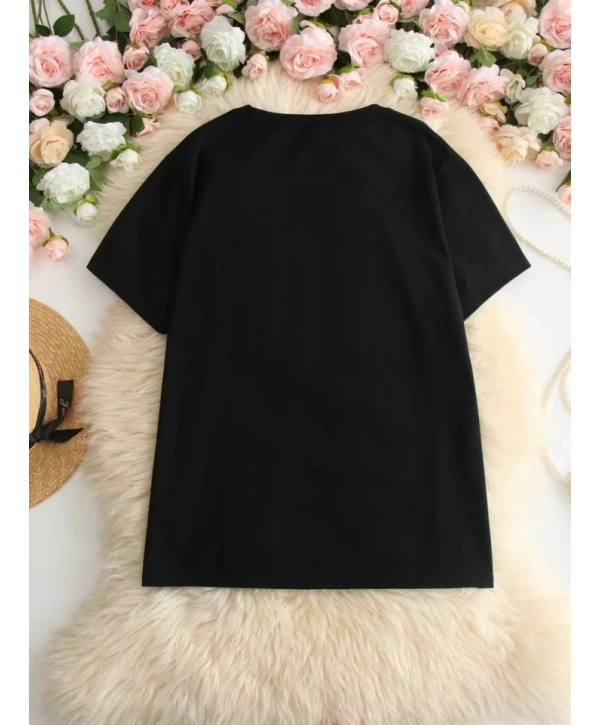 Baskılı Oversize Bisiklet Yaka T-shirt - Siyah