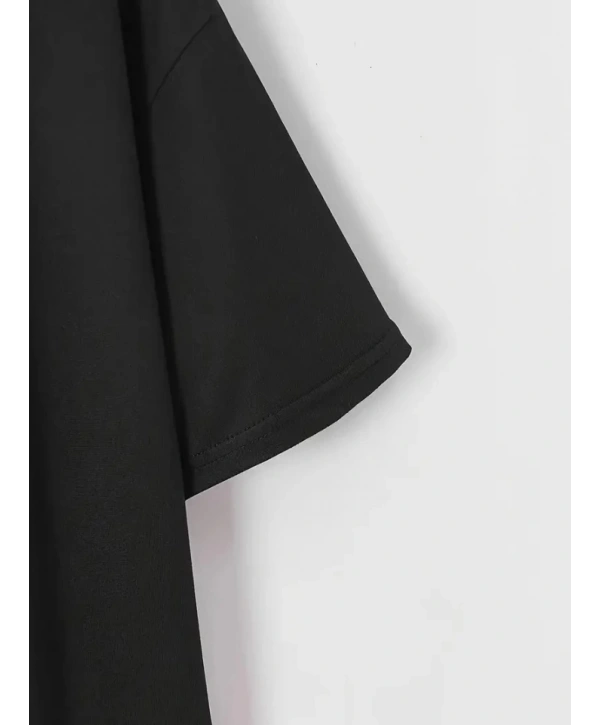 Baskılı Oversize Bisiklet Yaka T-shirt - Siyah