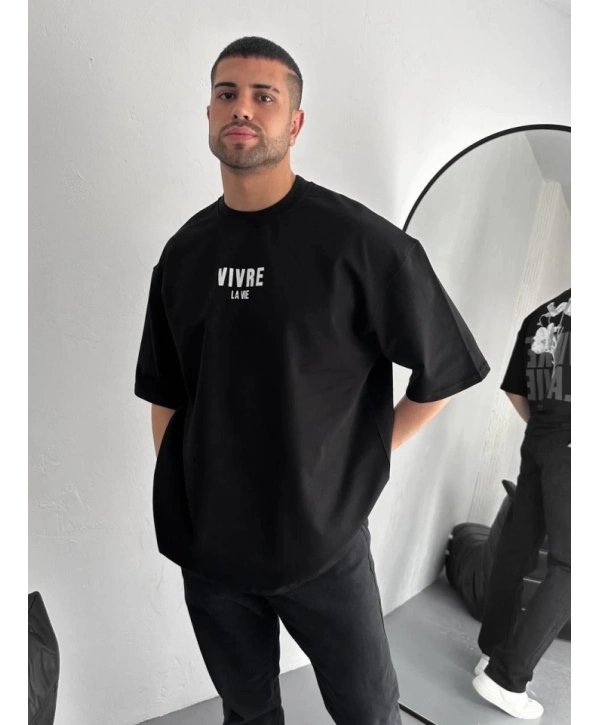 Baskılı Oversize Bisiklet Yaka T-shirt - Siyah