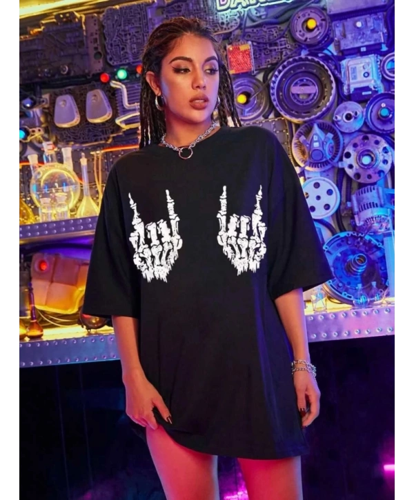 Baskılı Oversize T-shirt - Siyah