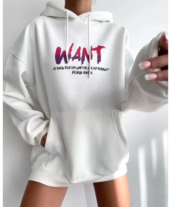 Baskılı Üç İplik Kapüşonlu Oversize Sweatshirt - Beyaz