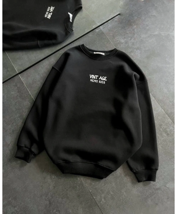 Bisiklet Yaka Üç İplik Baskılı Oversize SweatShirt - Siyah