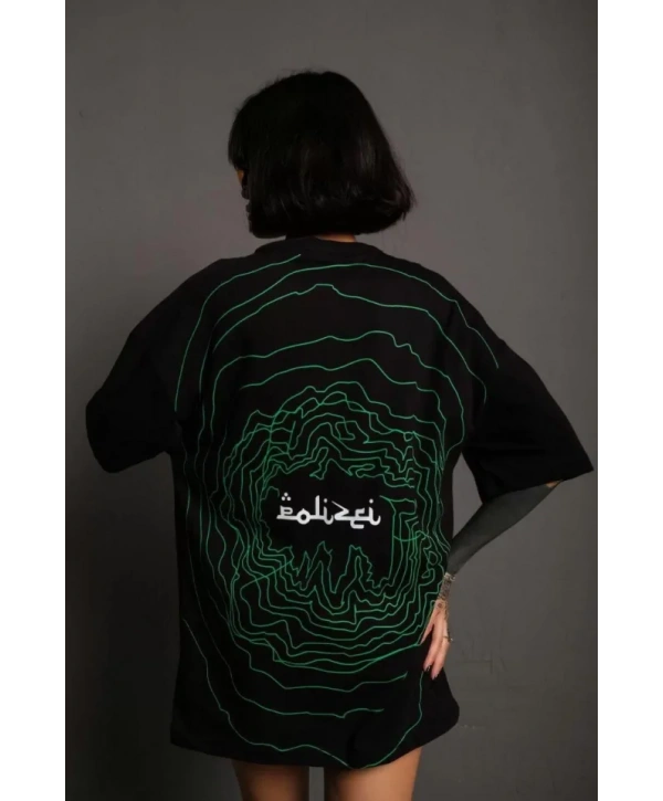 Bisiklet Yakalı Sırt Baskılı Oversize T-Shirt - Siyah