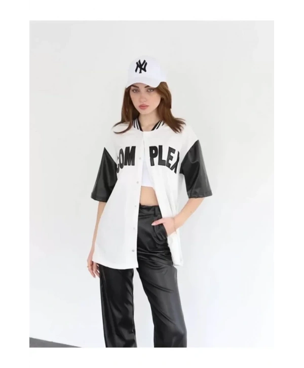 Complex Kolları Deri Kolej Oversize T-shirt - Beyaz