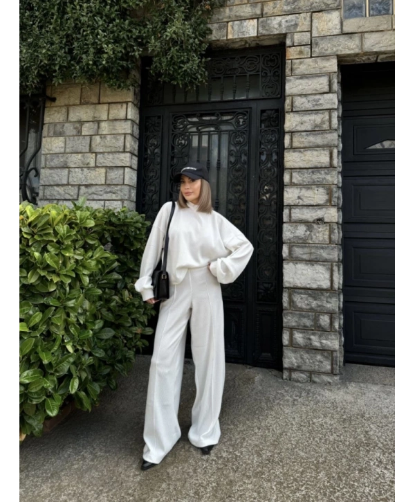 Crop, Pantolon Fitilli İkili Takım -Beyaz