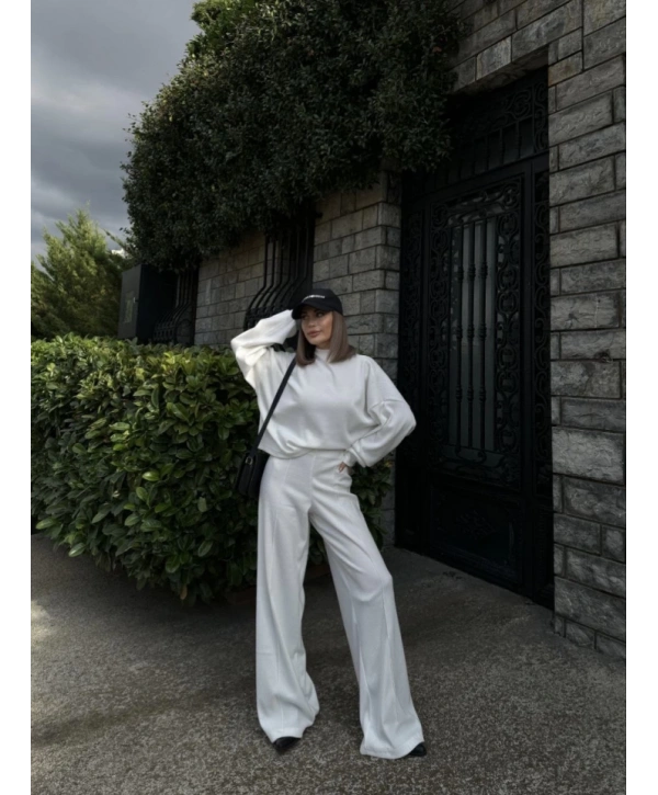 Crop, Pantolon Fitilli İkili Takım -Beyaz