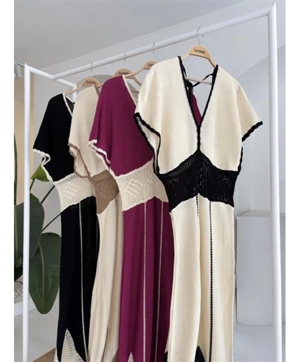 Dantel Desenli V Yaka Triko Elbise 2844