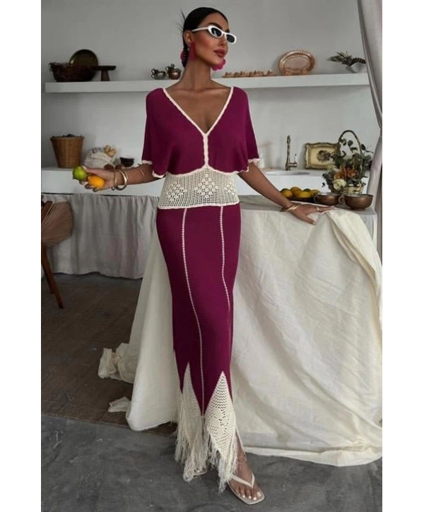 Dantel Desenli V Yaka Triko Elbise 2844