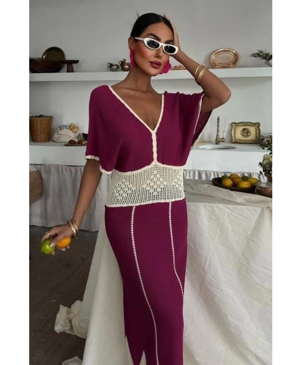 Dantel Desenli V Yaka Triko Elbise 2844