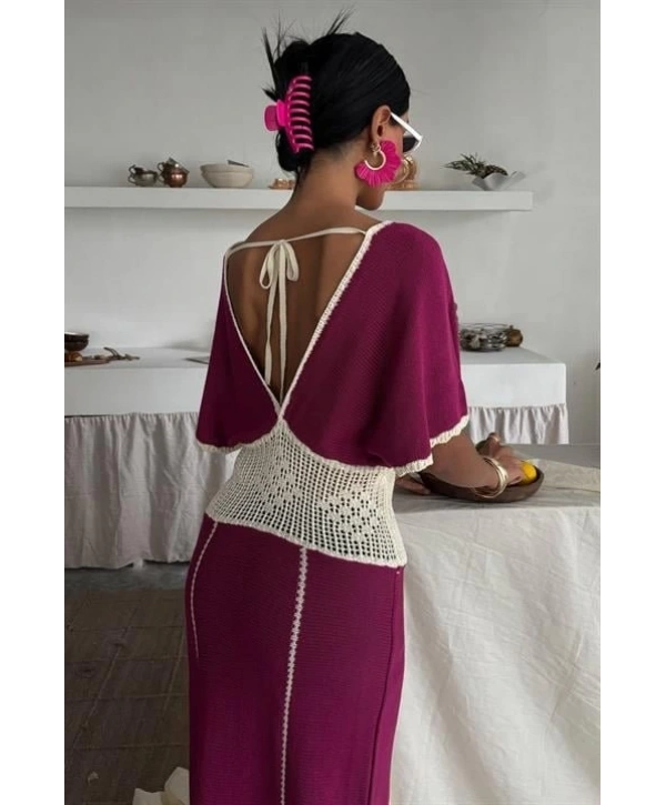 Dantel Desenli V Yaka Triko Elbise 2844