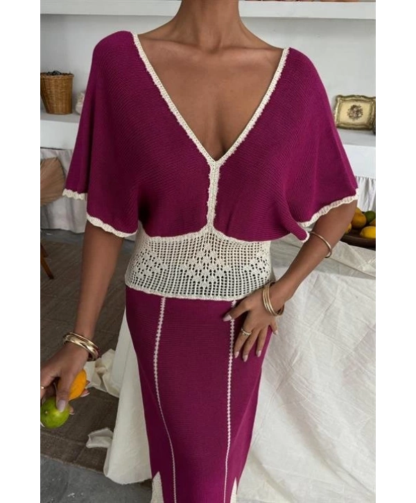 Dantel Desenli V Yaka Triko Elbise 2844