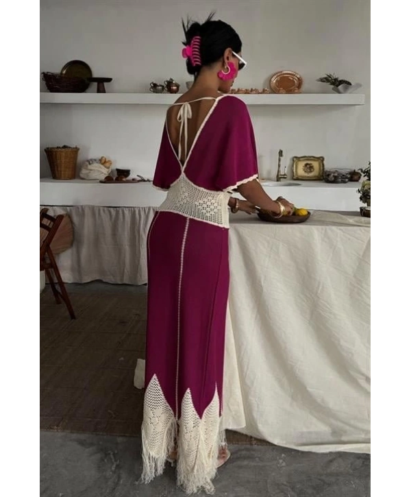 Dantel Desenli V Yaka Triko Elbise 2844