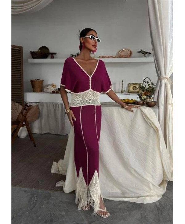 Dantel Desenli V Yaka Triko Elbise 2844