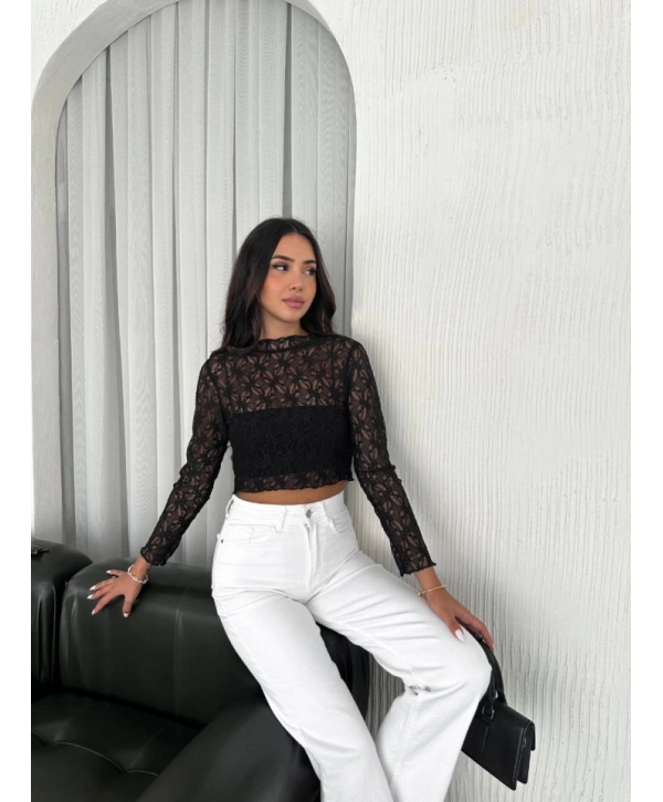Dantel Uzun Kol Bluz- Siyah
